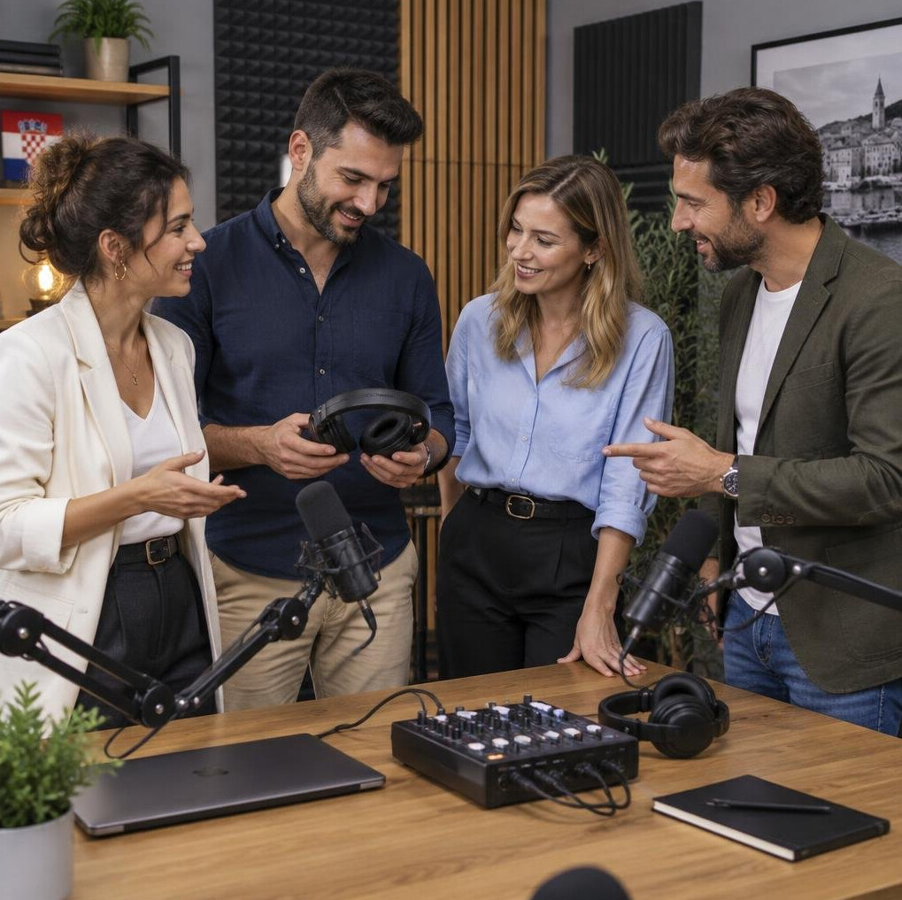 Team of diverse colleagues collaborating in a podcast recording studio